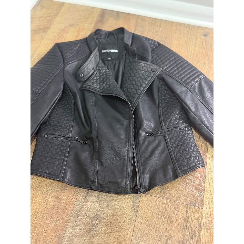 Fashion Nova Black Faux Leather Moto Jacket Quilted Biker Coat Women's Large